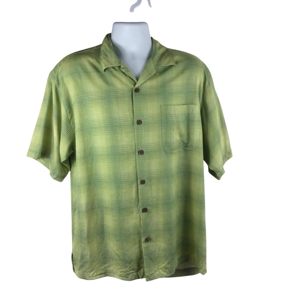 Tommy Bahama 100%‎ Silk Casual Green Plaid Button-Down Camp Shirt, Size Medium